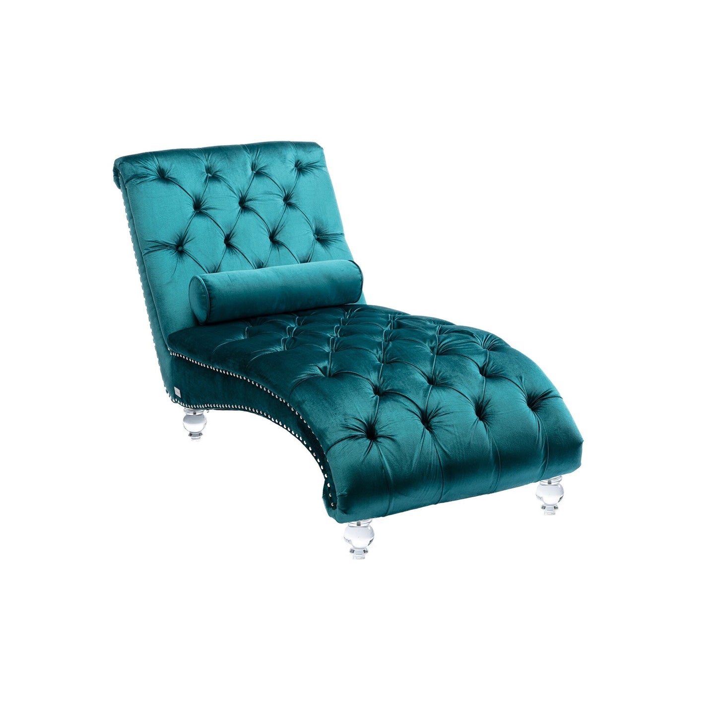 Poltrona reclinabile ergonomica a forma di S con cuscino, finiture con borchie e gambe in acrilico per uso interno.