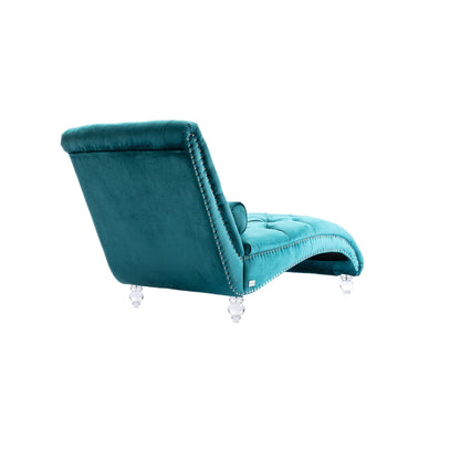 Poltrona reclinabile ergonomica a forma di S con cuscino, finiture con borchie e gambe in acrilico per uso interno.