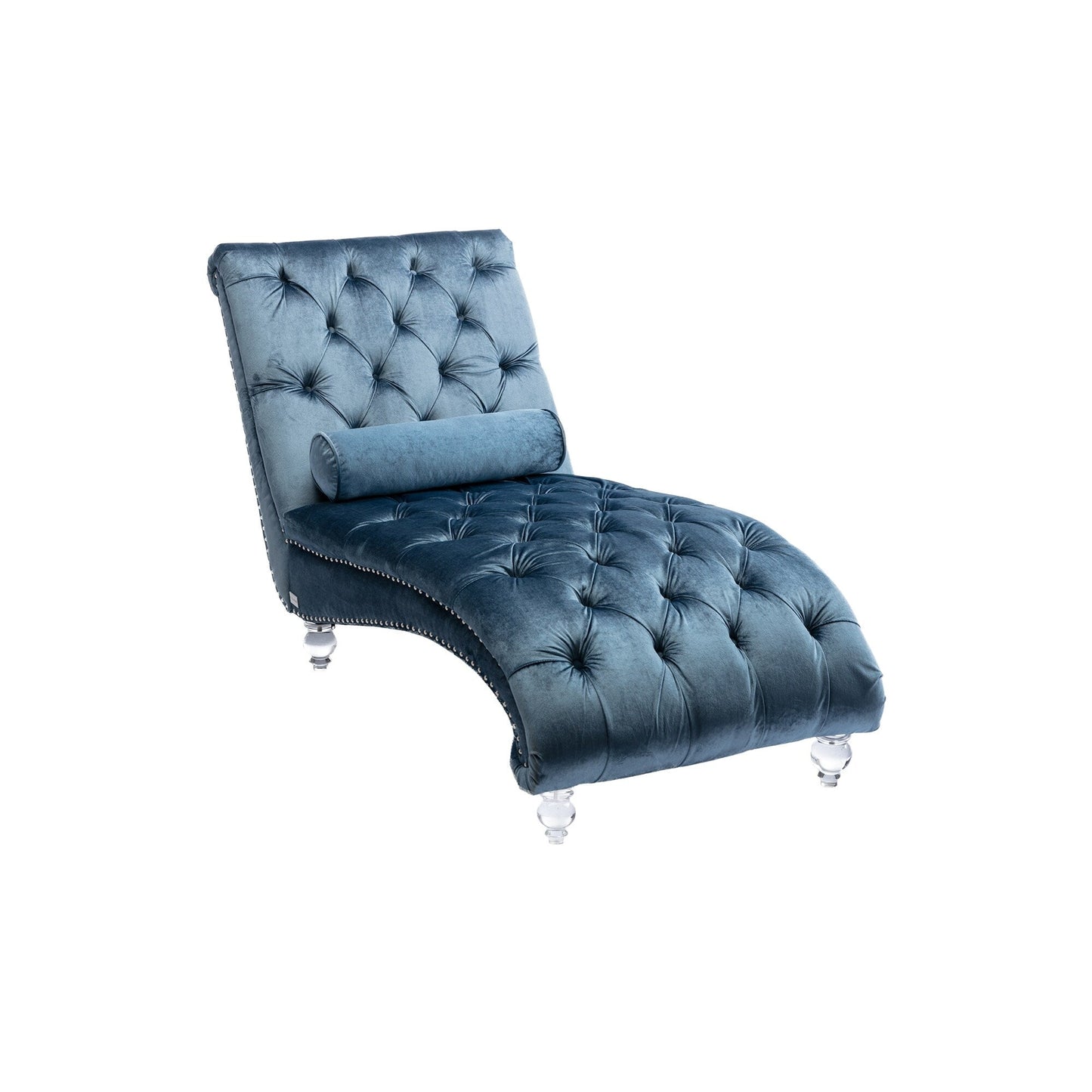 Poltrona reclinabile ergonomica a forma di S con cuscino, finiture con borchie e gambe in acrilico per uso interno.