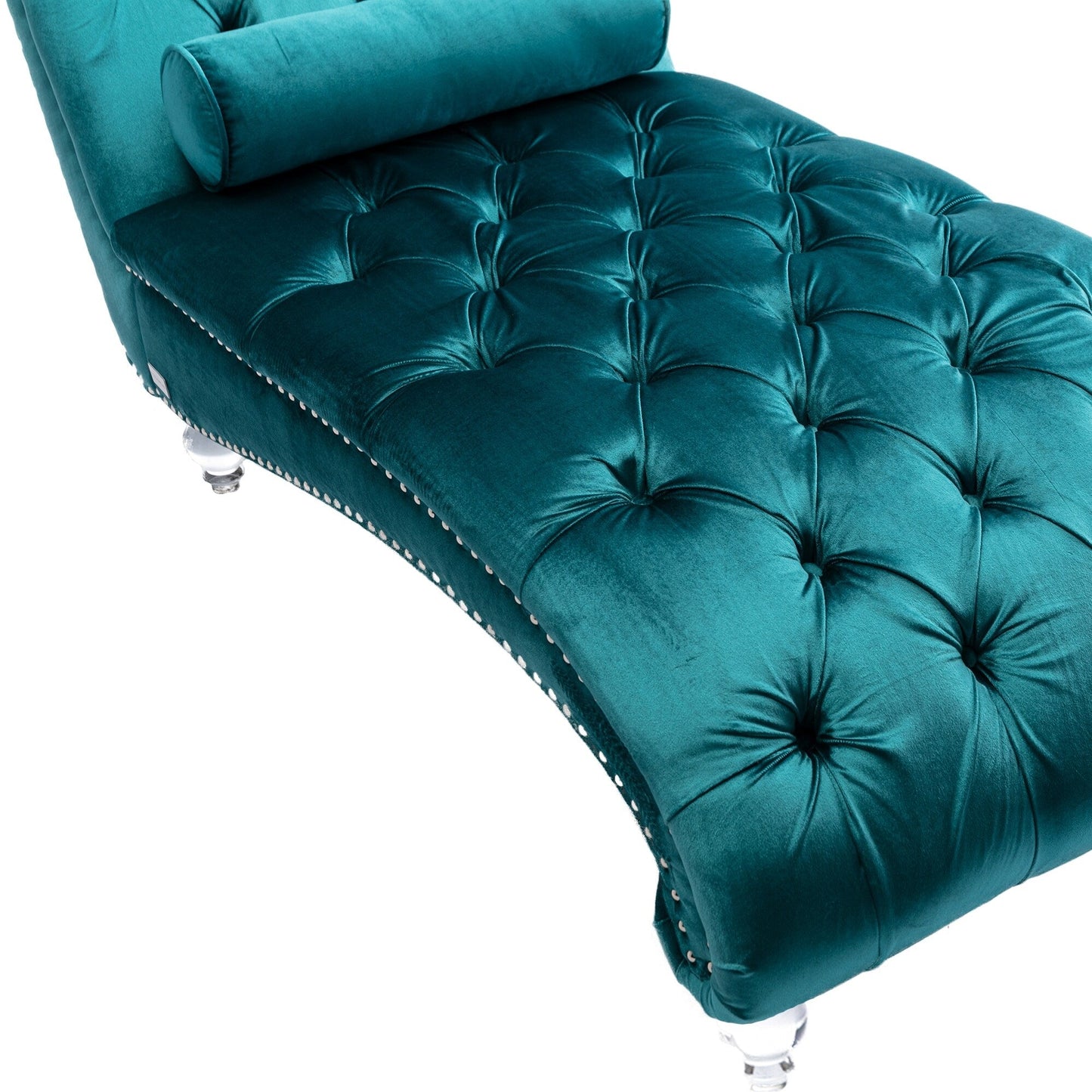 Poltrona reclinabile ergonomica a forma di S con cuscino, finiture con borchie e gambe in acrilico per uso interno.
