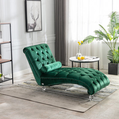 Poltrona reclinabile ergonomica a forma di S con cuscino, finiture con borchie e gambe in acrilico per uso interno.