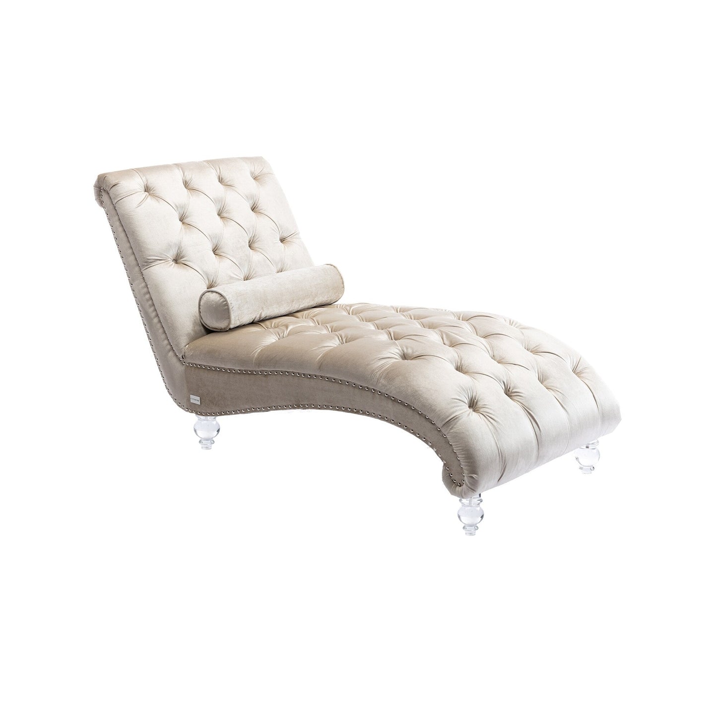 Poltrona reclinabile ergonomica a forma di S con cuscino, finiture con borchie e gambe in acrilico per uso interno.