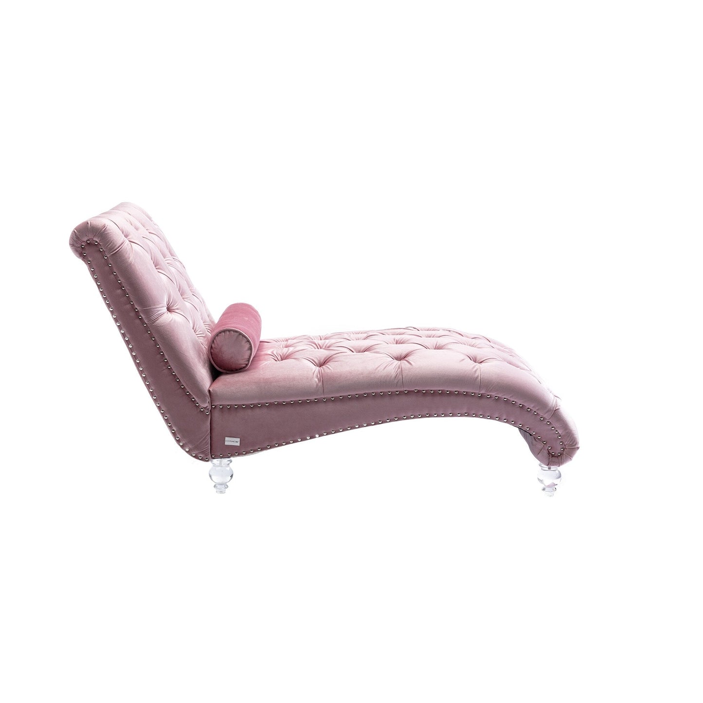Poltrona reclinabile ergonomica a forma di S con cuscino, finiture con borchie e gambe in acrilico per uso interno.
