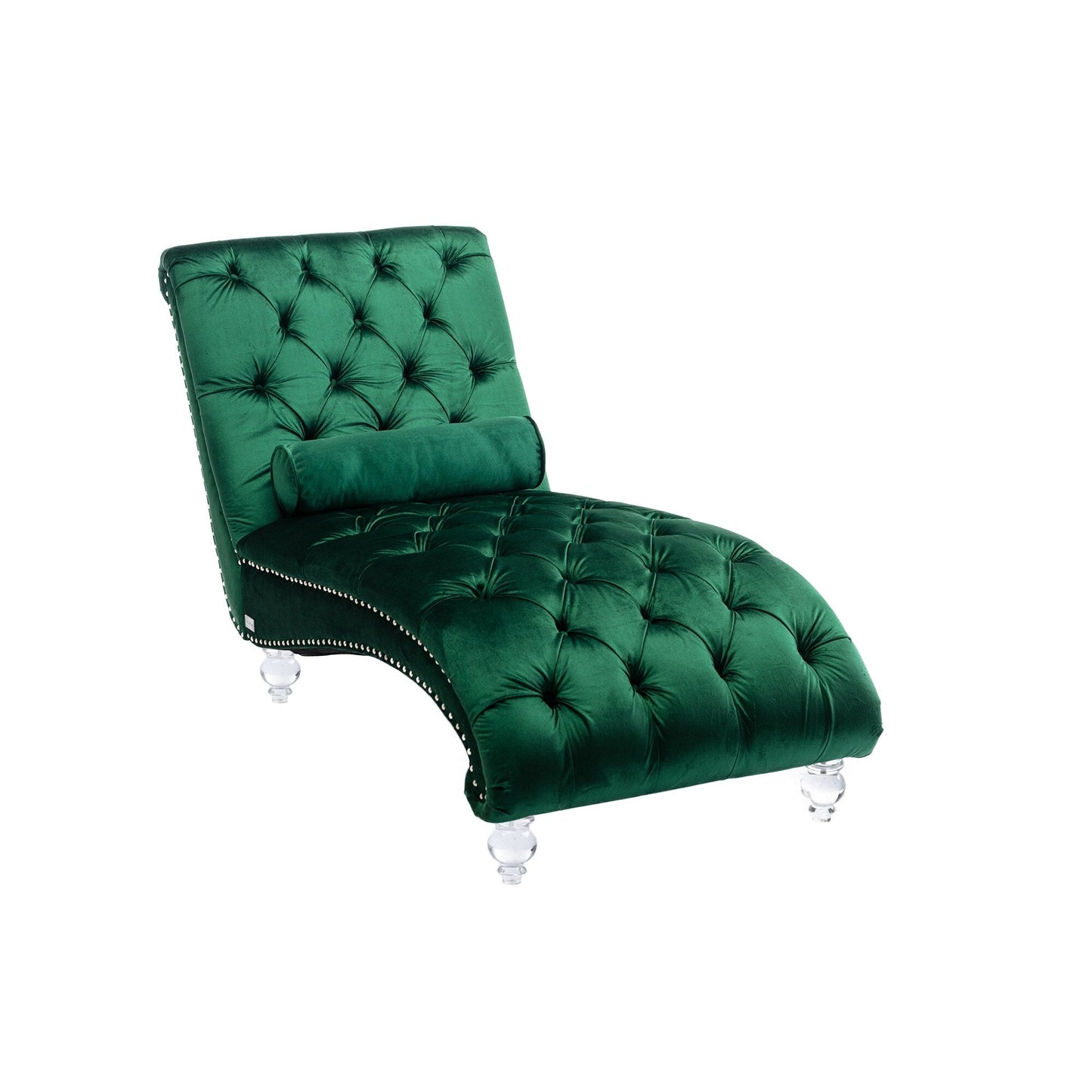 Poltrona reclinabile ergonomica a forma di S con cuscino, finiture con borchie e gambe in acrilico per uso interno.