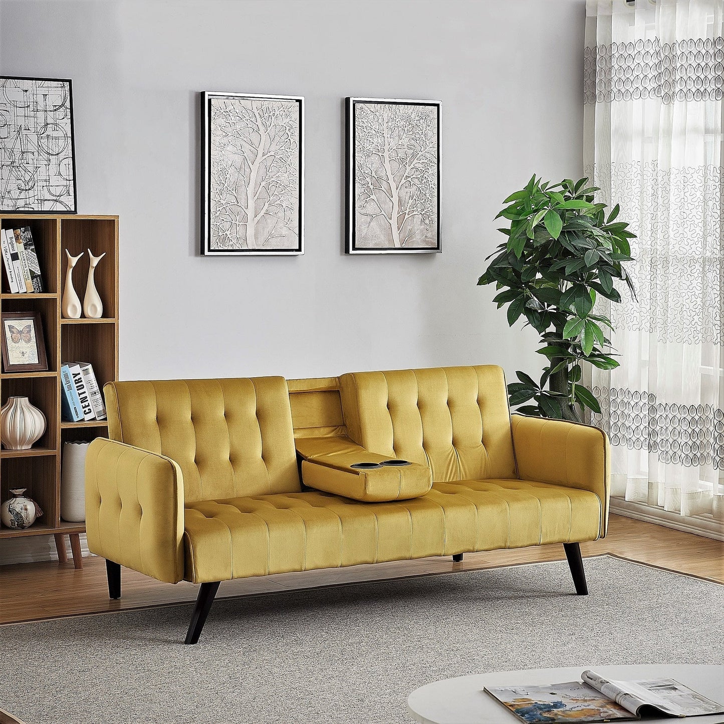 Divano letto futon pieghevole convertibile rivestito in velluto con 2 portabicchieri per soggiorno compatto