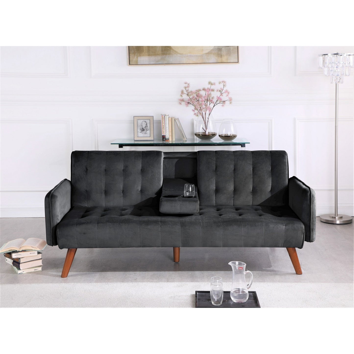 Divano letto futon pieghevole convertibile rivestito in velluto con 2 portabicchieri per soggiorno compatto