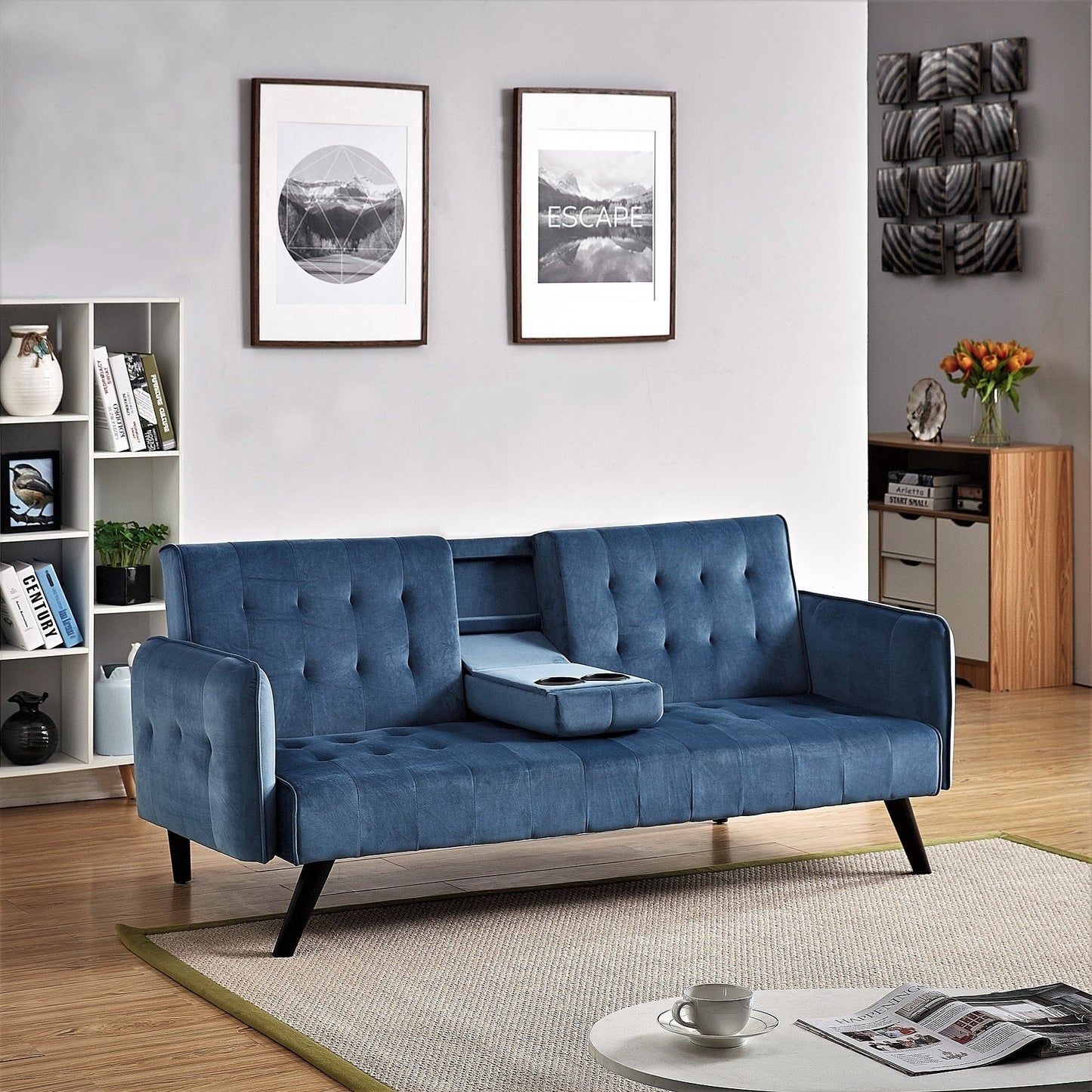 Divano letto futon pieghevole convertibile rivestito in velluto con 2 portabicchieri per soggiorno compatto