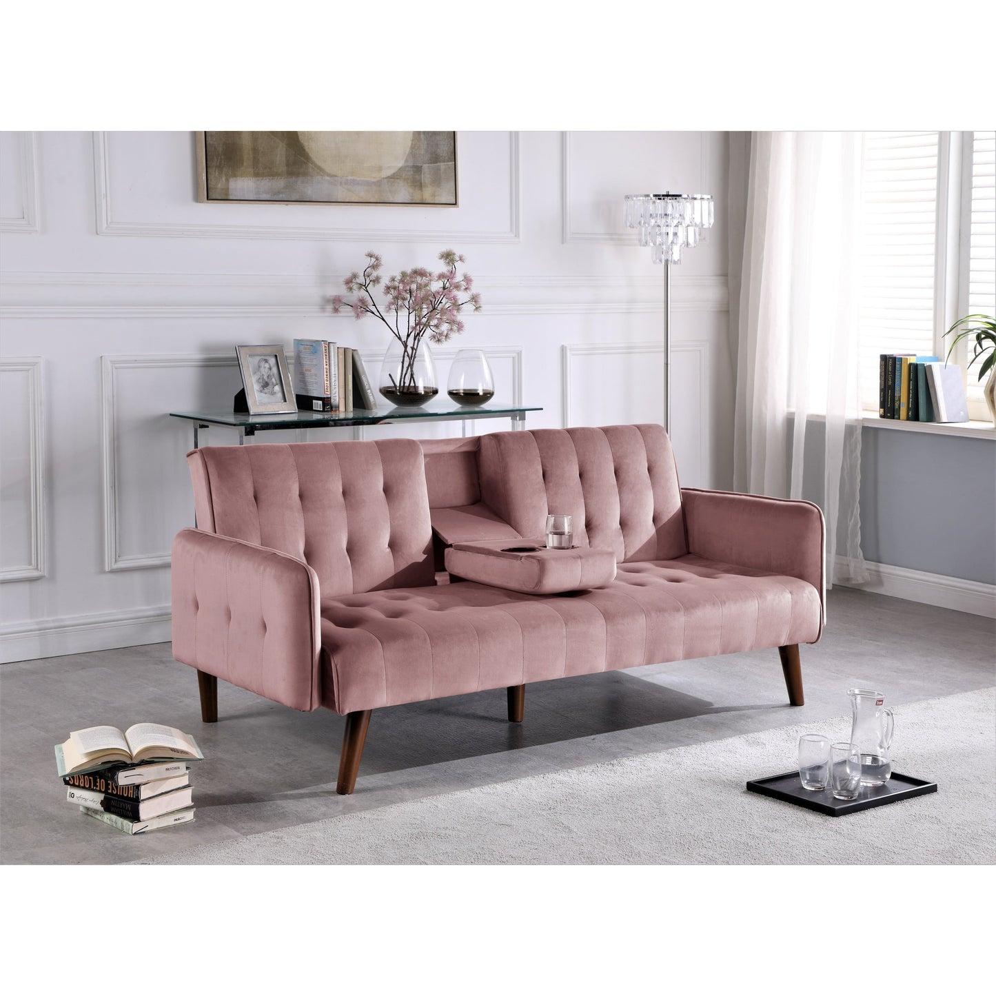 Divano letto futon pieghevole convertibile rivestito in velluto con 2 portabicchieri per soggiorno compatto
