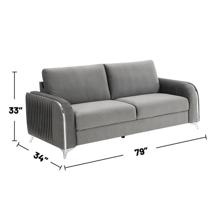 Divano rivestito in velluto con gambe in metallo grigio