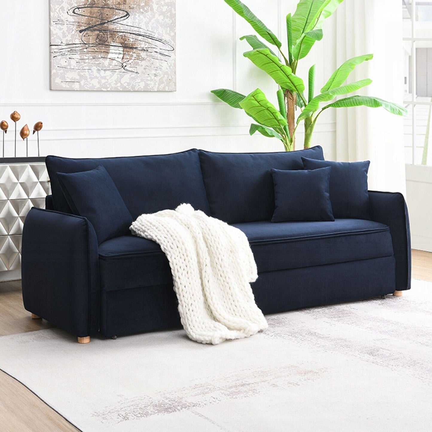 Divano imbottito in velluto con letto estraibile, design blu