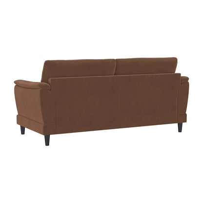 Divano rivestito in velluto con gambe affusolate in legno color ruggine