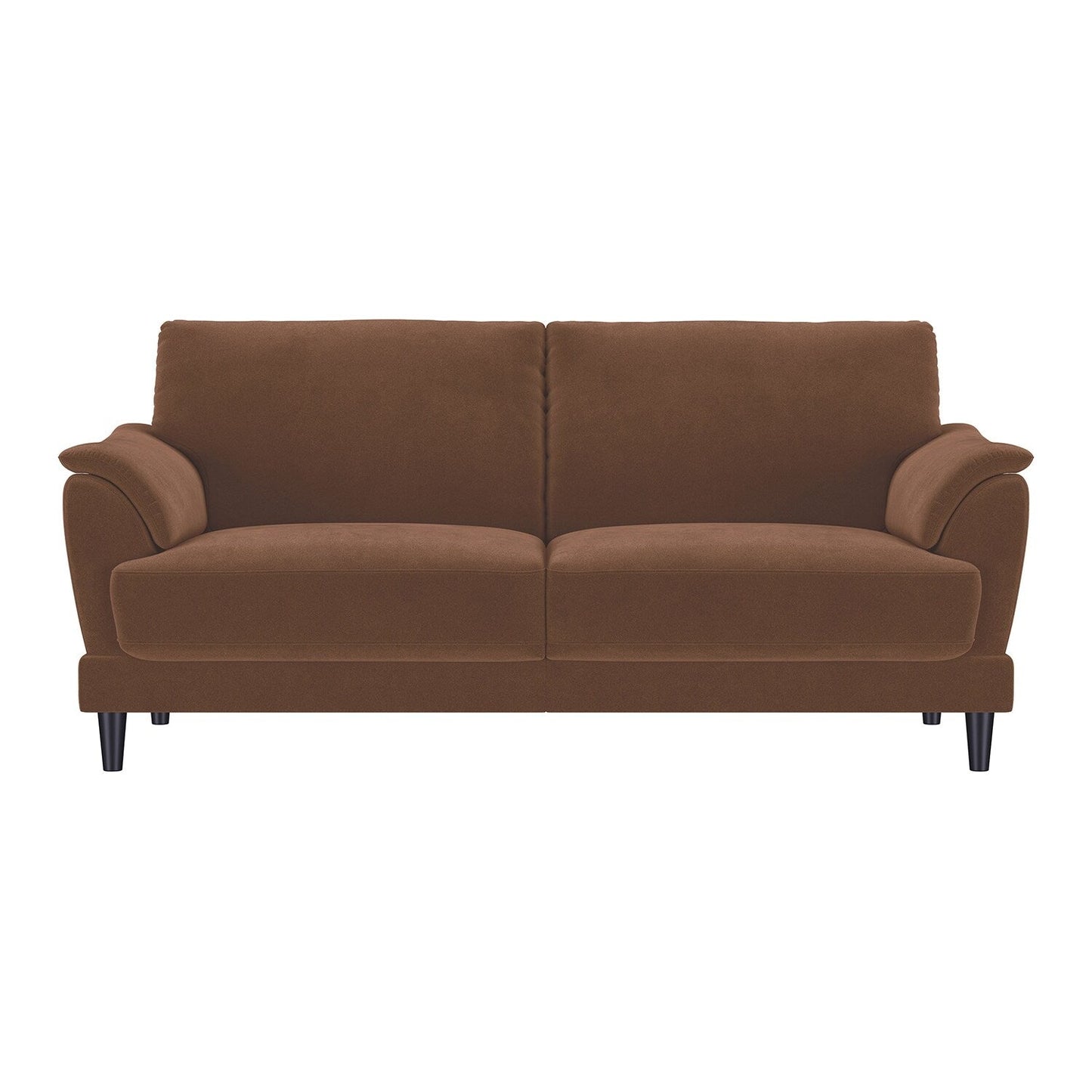 Divano rivestito in velluto con gambe affusolate in legno color ruggine