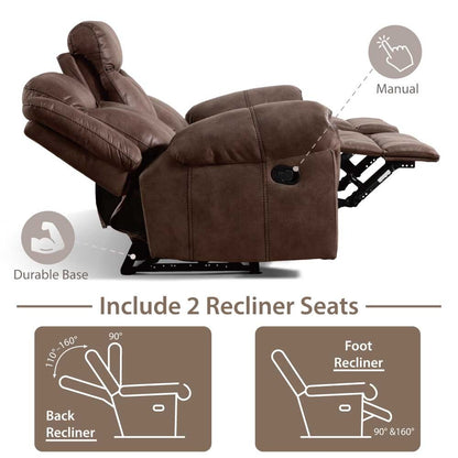 Divano reclinabile manuale Verne Brown in microsuede con portabicchieri ribaltabili