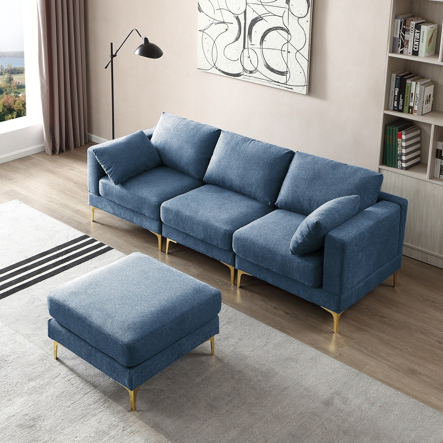 Divano versatile a L con pouf - Tessuto in poliestere morbido per il massimo comfort