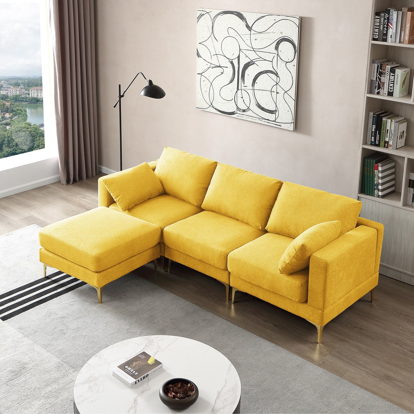 Divano versatile a L con pouf - Tessuto in poliestere morbido per il massimo comfort