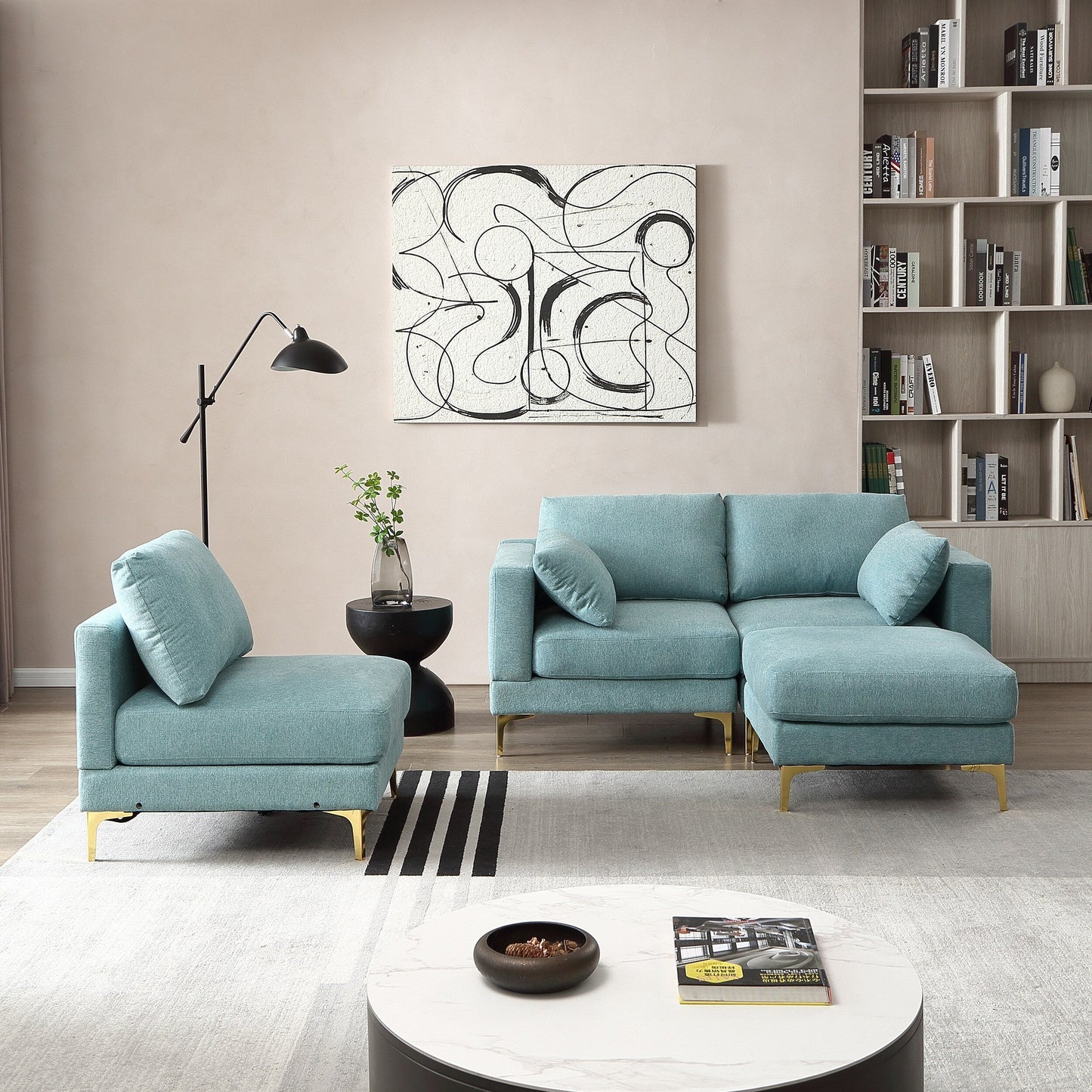 Divano versatile a L con pouf - Tessuto in poliestere morbido per il massimo comfort