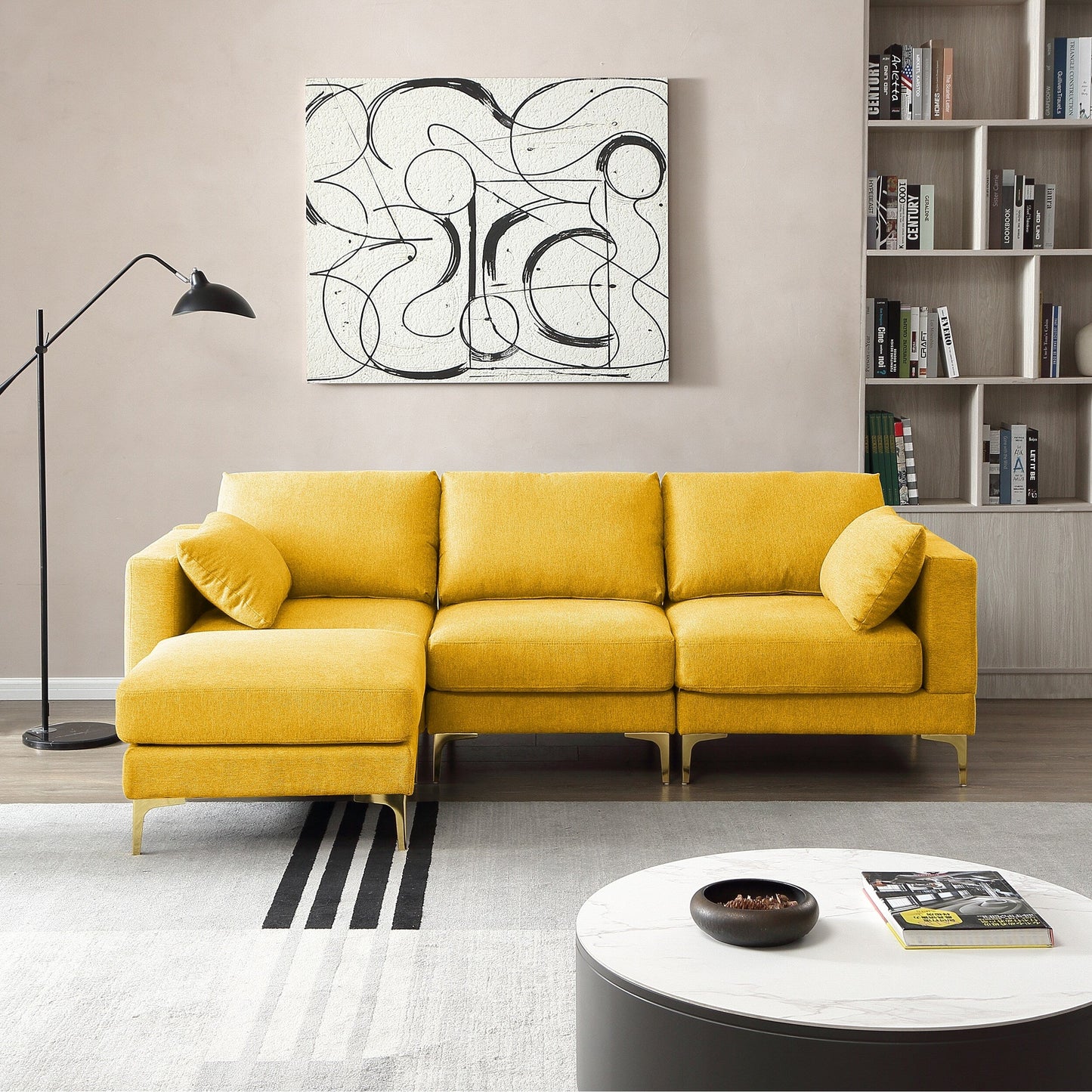 Divano versatile a L con pouf - Tessuto in poliestere morbido per il massimo comfort