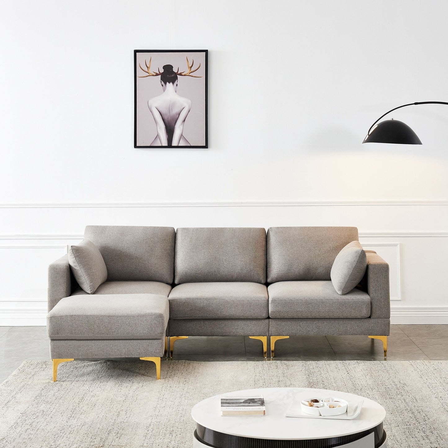 Divano versatile a L con pouf - Tessuto in poliestere morbido per il massimo comfort