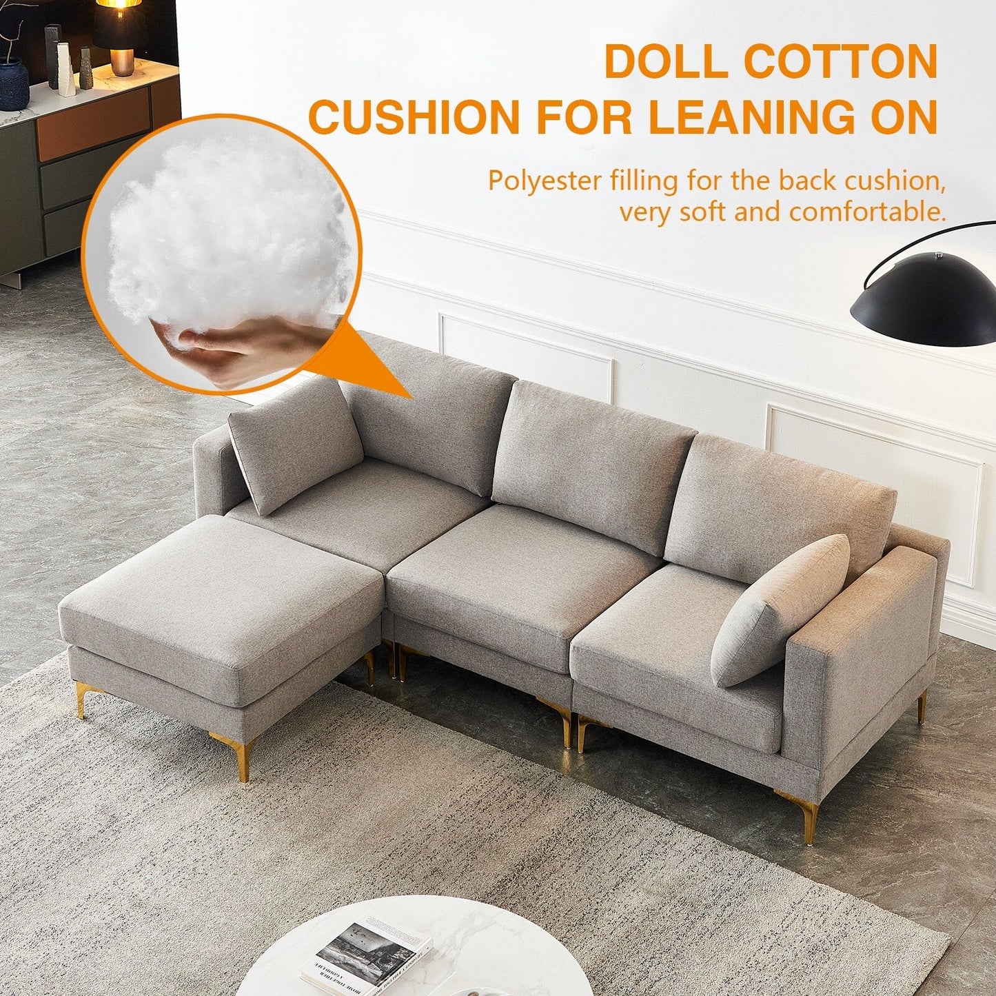 Divano versatile a L con pouf - Tessuto in poliestere morbido per il massimo comfort