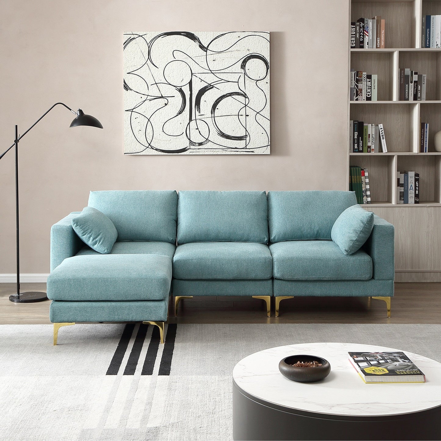 Divano versatile a L con pouf - Tessuto in poliestere morbido per il massimo comfort