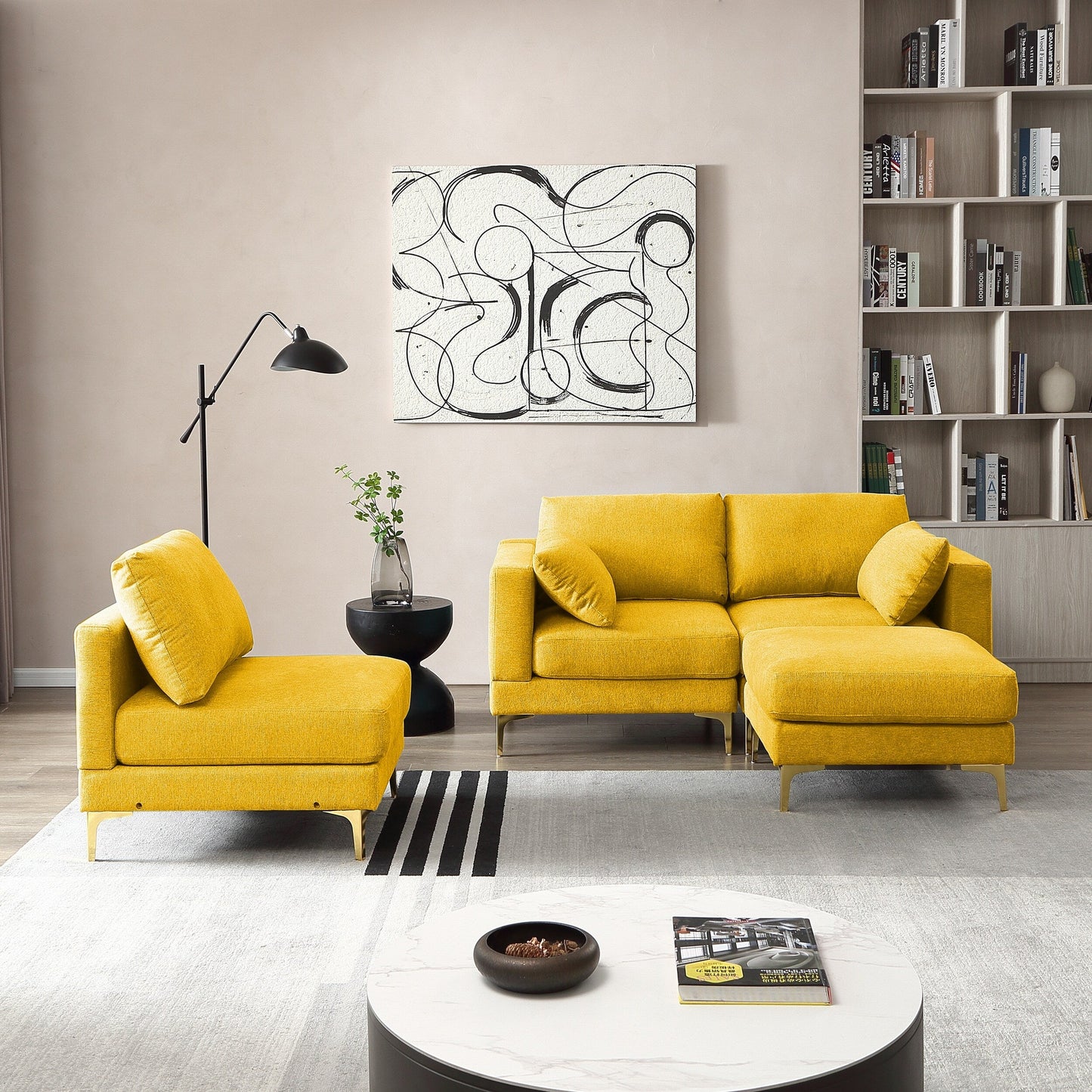 Divano versatile a L con pouf - Tessuto in poliestere morbido per il massimo comfort