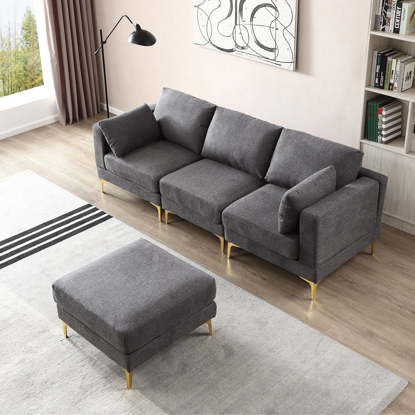 Divano versatile a L con pouf - Tessuto in poliestere morbido per il massimo comfort
