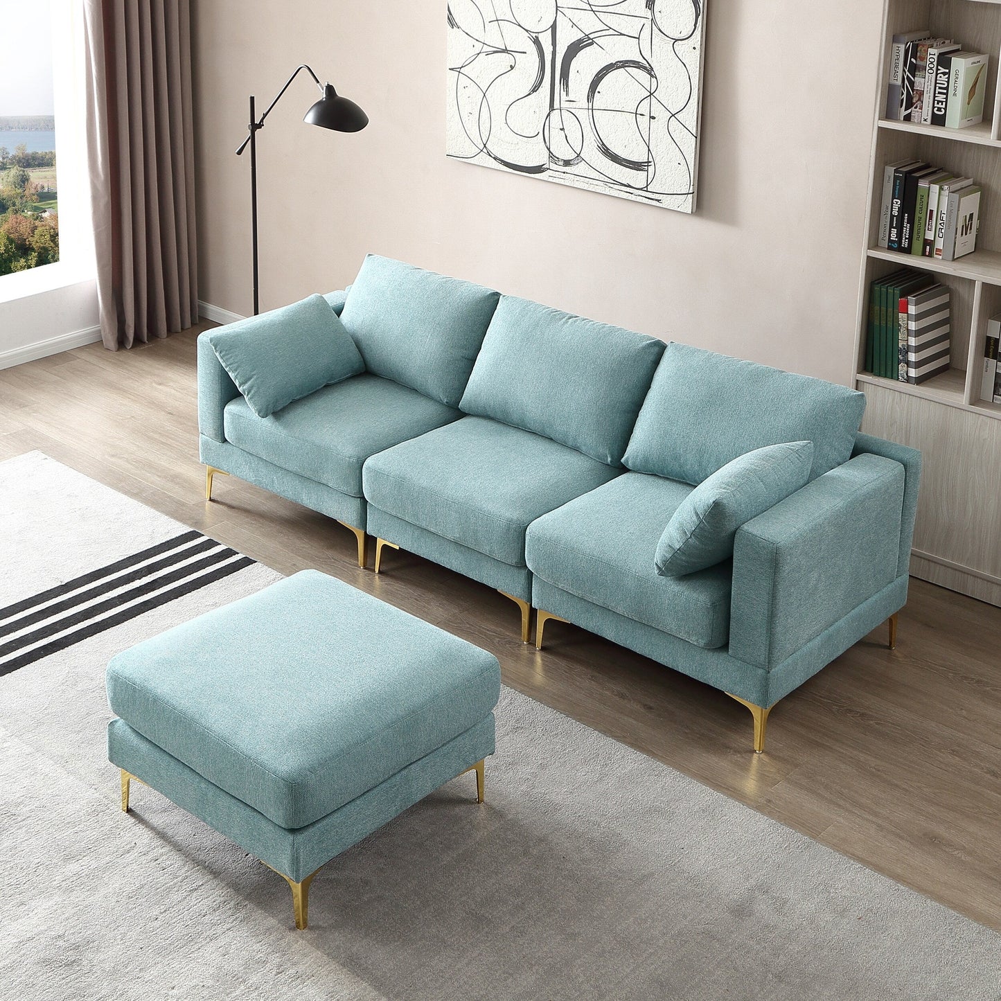 Divano versatile a L con pouf - Tessuto in poliestere morbido per il massimo comfort