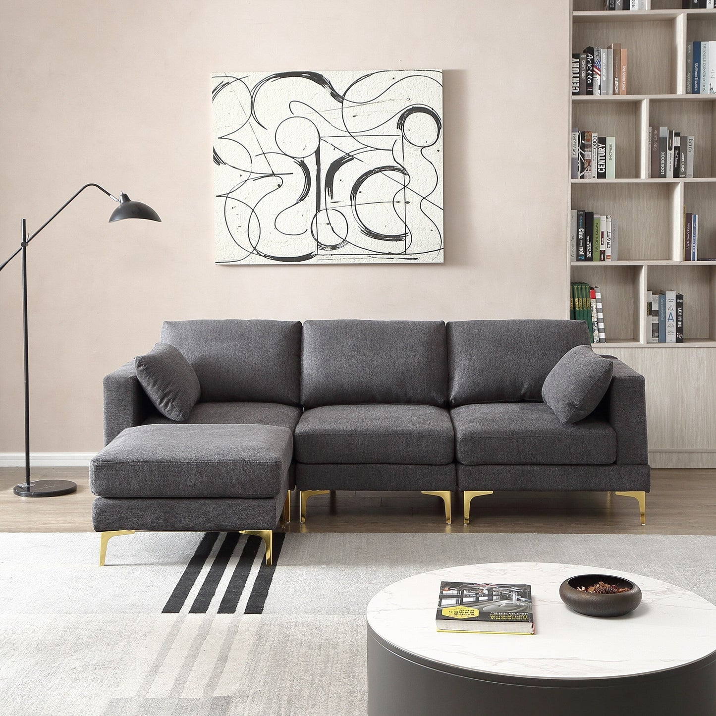 Divano versatile a L con pouf - Tessuto in poliestere morbido per il massimo comfort