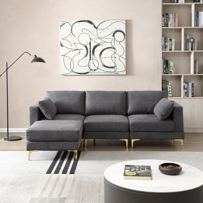 Divano versatile a L con pouf - Tessuto in poliestere morbido per il massimo comfort