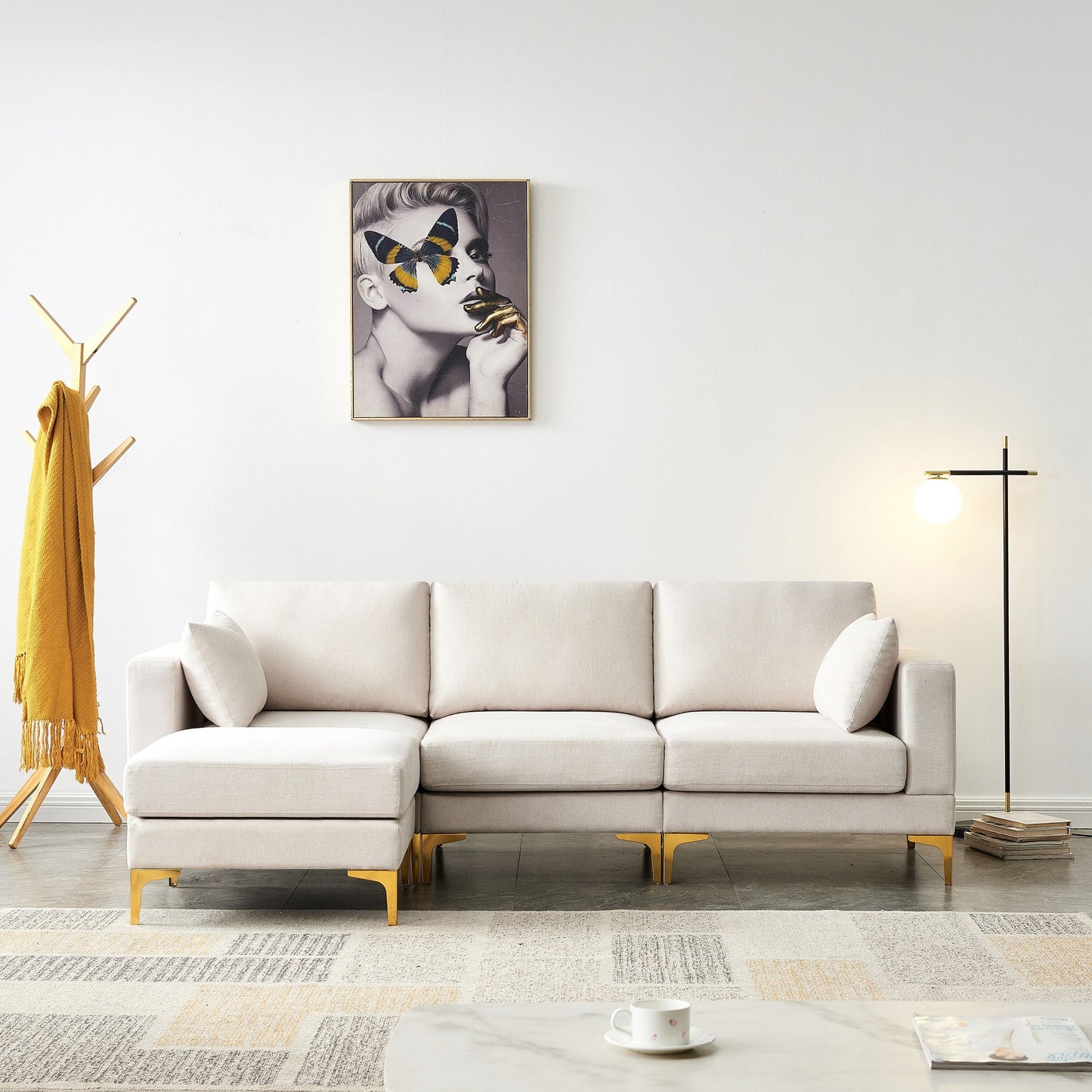 Divano versatile a L con pouf - Tessuto in poliestere morbido per il massimo comfort