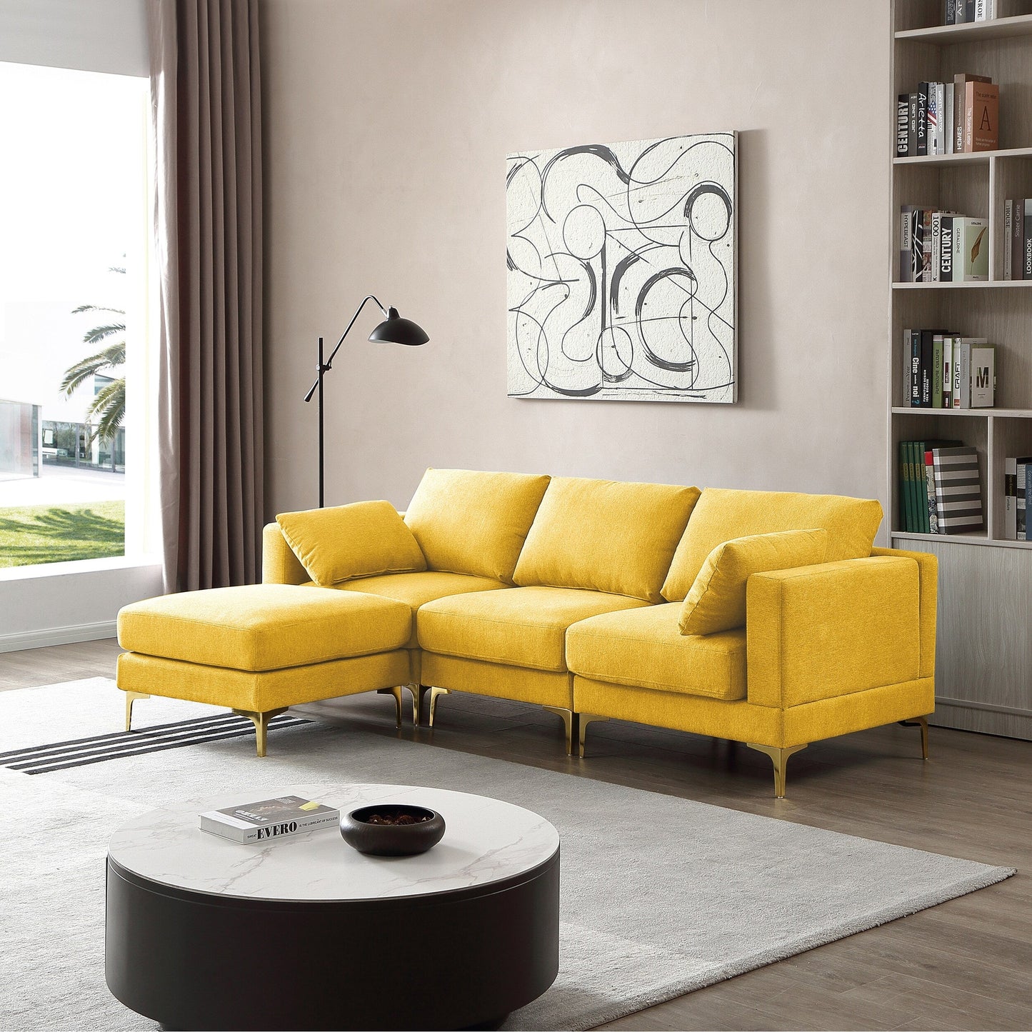Divano versatile a L con pouf - Tessuto in poliestere morbido per il massimo comfort
