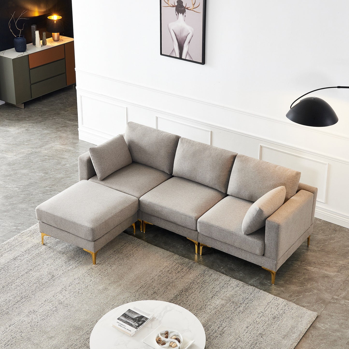 Divano versatile a L con pouf - Tessuto in poliestere morbido per il massimo comfort