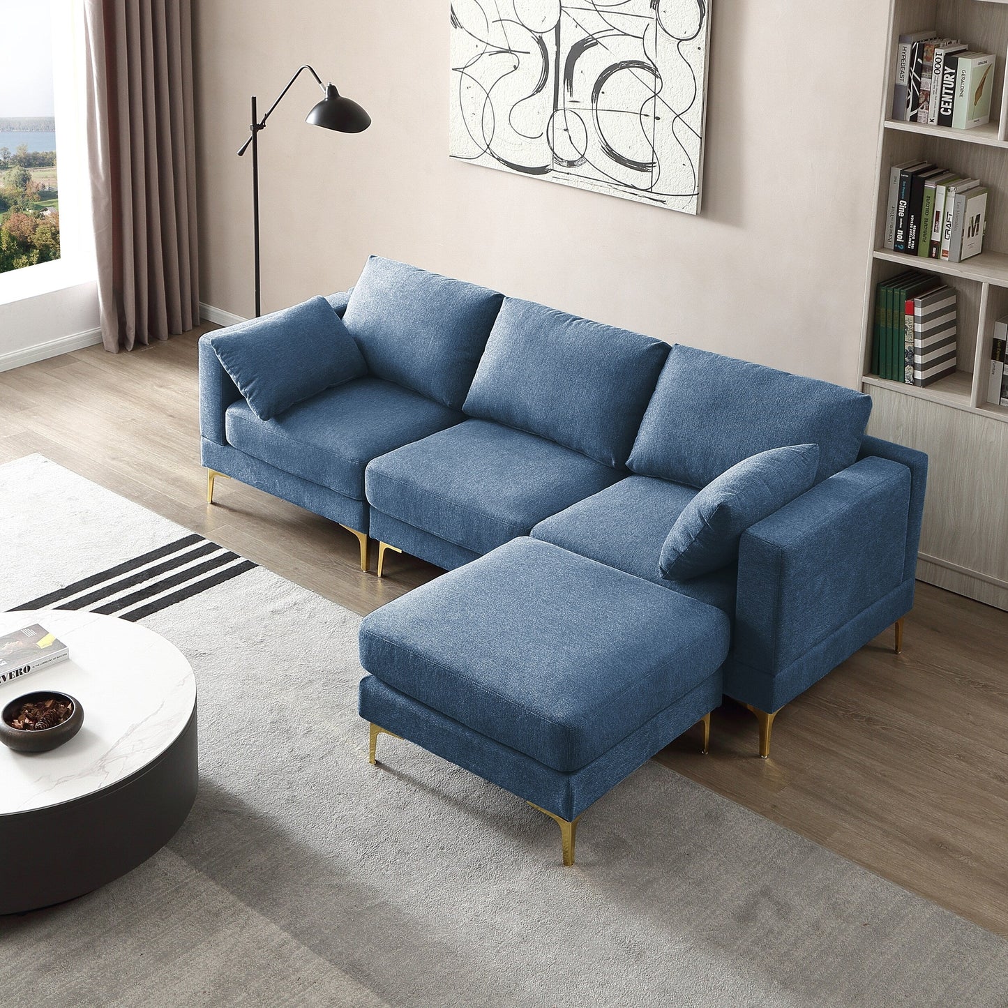 Divano versatile a L con pouf - Tessuto in poliestere morbido per il massimo comfort