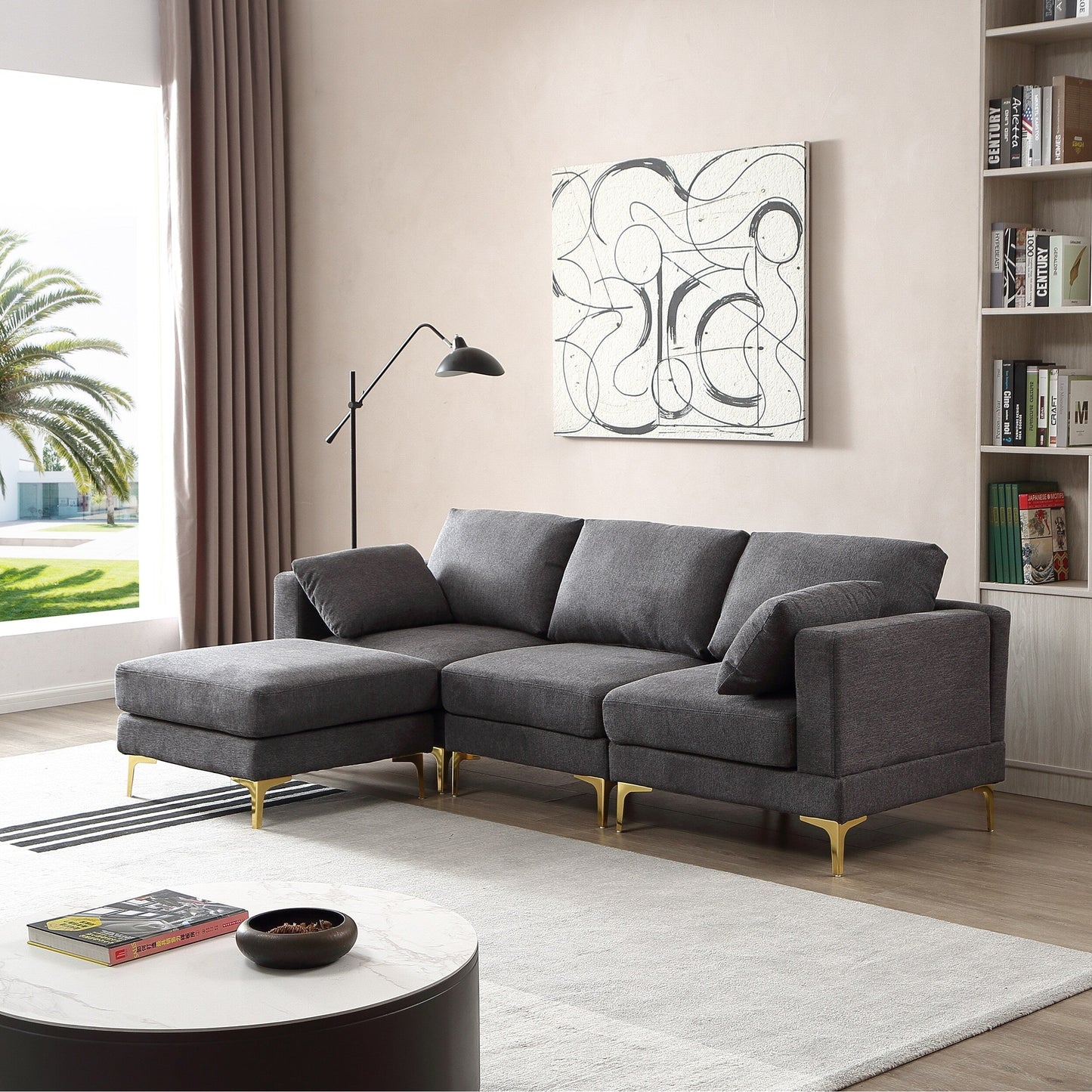 Divano versatile a L con pouf - Tessuto in poliestere morbido per il massimo comfort