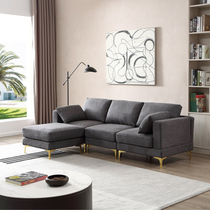 Divano versatile a L con pouf - Tessuto in poliestere morbido per il massimo comfort