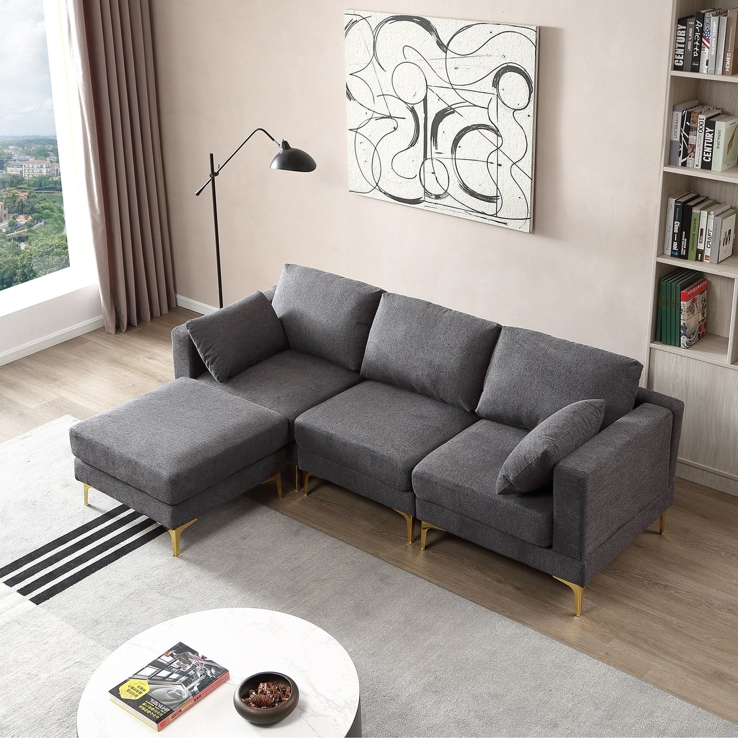 Divano versatile a L con pouf - Tessuto in poliestere morbido per il massimo comfort
