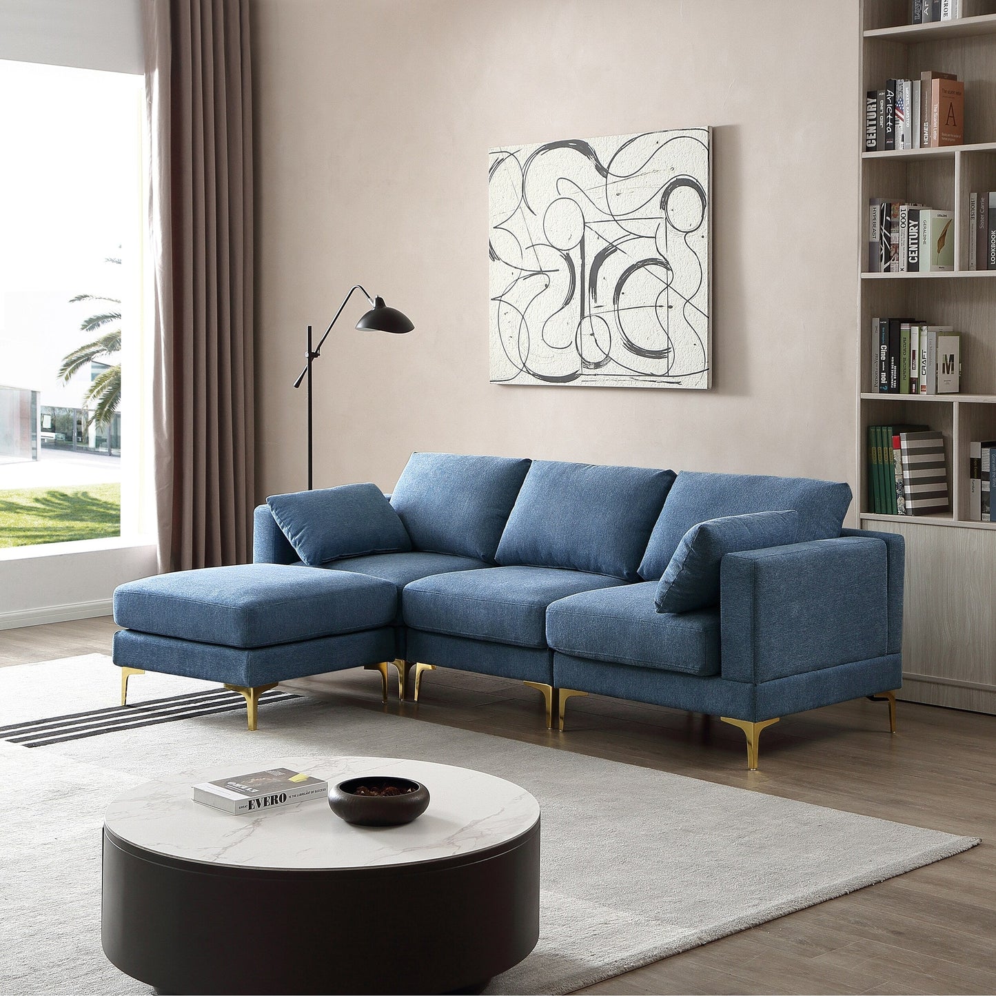 Divano versatile a L con pouf - Tessuto in poliestere morbido per il massimo comfort