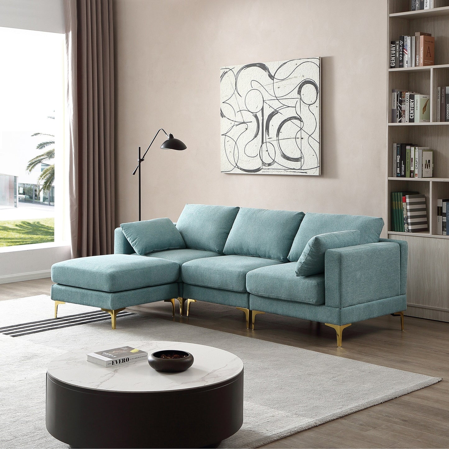 Divano versatile a L con pouf - Tessuto in poliestere morbido per il massimo comfort