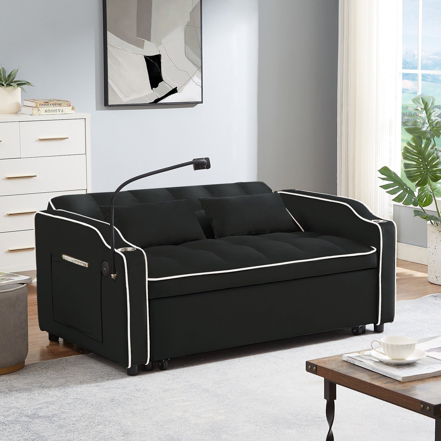 Divano letto pieghevole versatile in velluto con schienale regolabile, porta USB e supporto per telefono