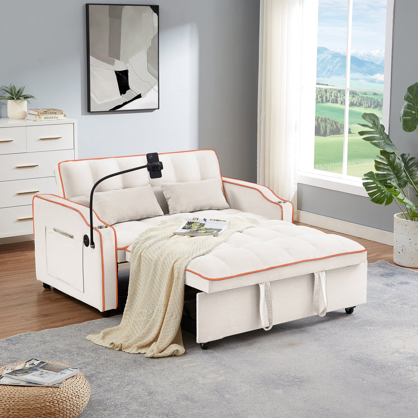 Divano letto pieghevole versatile in velluto con schienale regolabile, porta USB e supporto per telefono