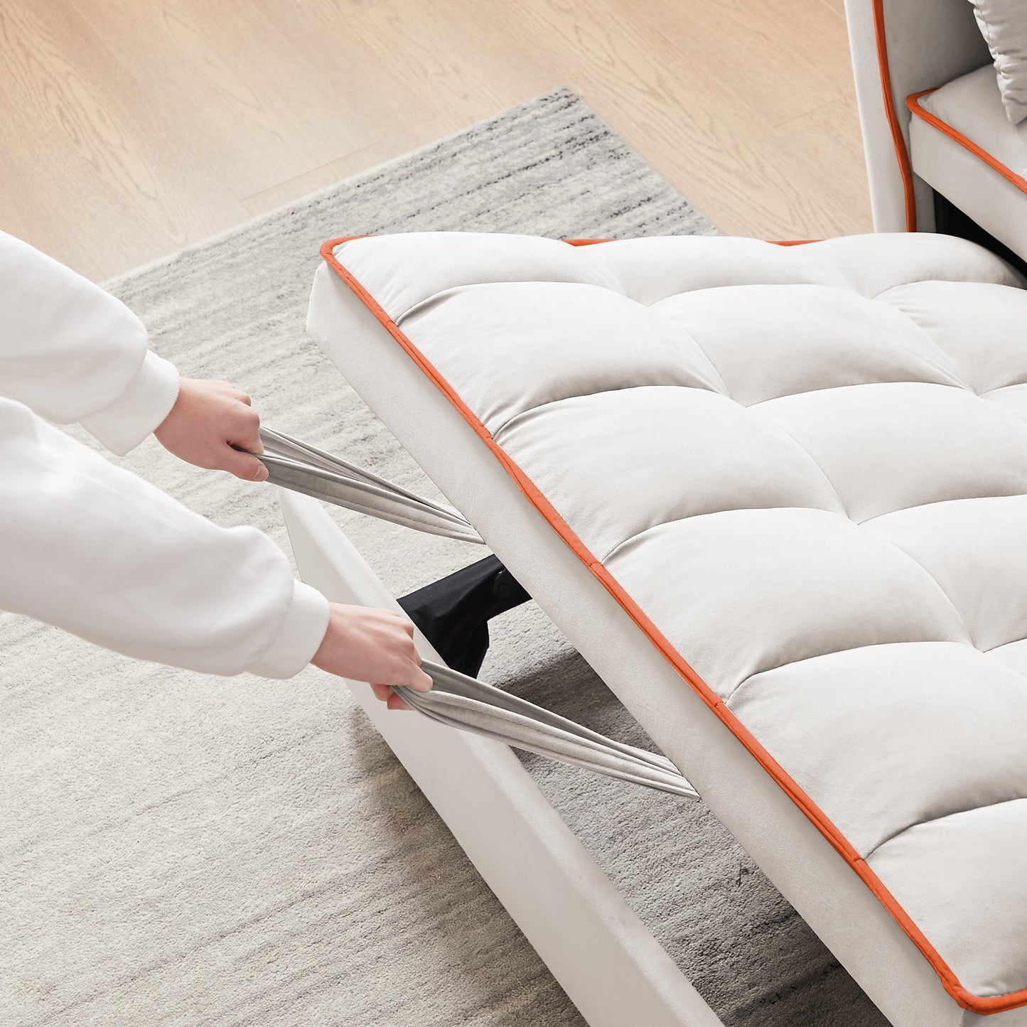 Divano letto pieghevole versatile in velluto con schienale regolabile, porta USB e supporto per telefono