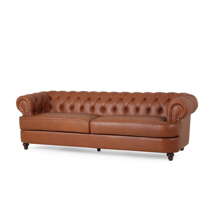 Divano Vian a 3 posti da 95 pollici, in similpelle marrone cognac trapuntata, finiture con borchie