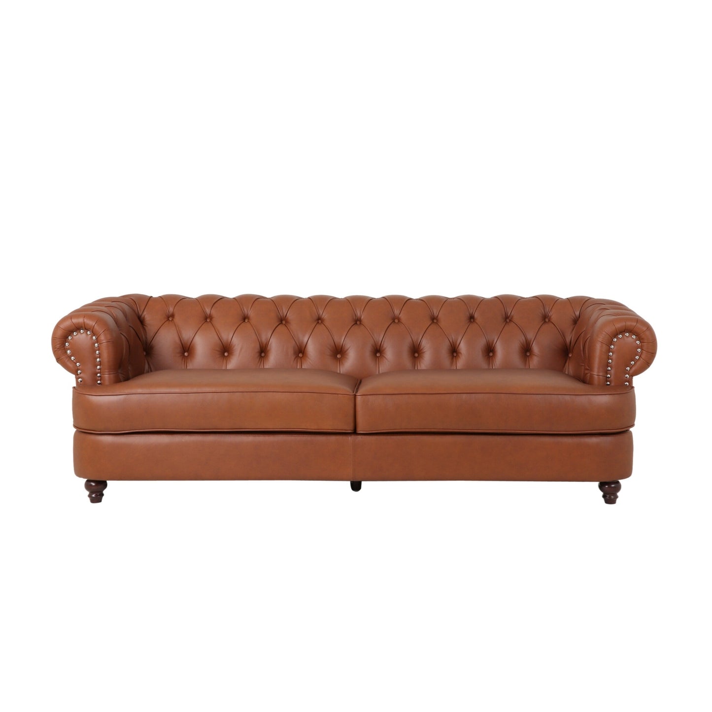 Divano Vian a 3 posti da 95 pollici, in similpelle marrone cognac trapuntata, finiture con borchie