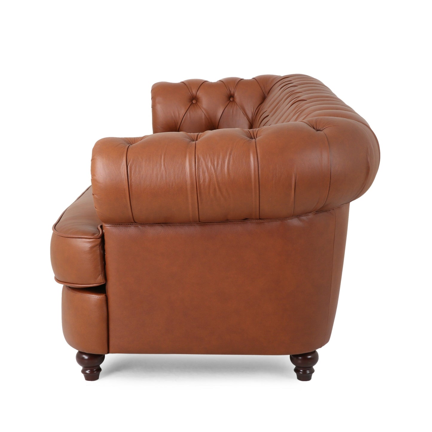 Divano Vian a 3 posti da 95 pollici, in similpelle marrone cognac trapuntata, finiture con borchie