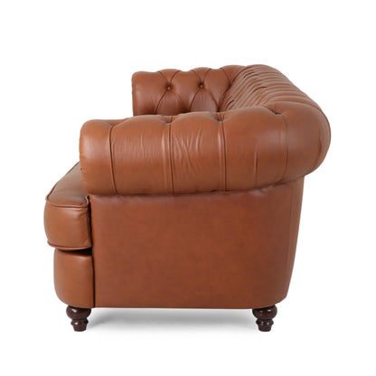 Divano Vian a 3 posti da 95 pollici, in similpelle marrone cognac trapuntata, finiture con borchie