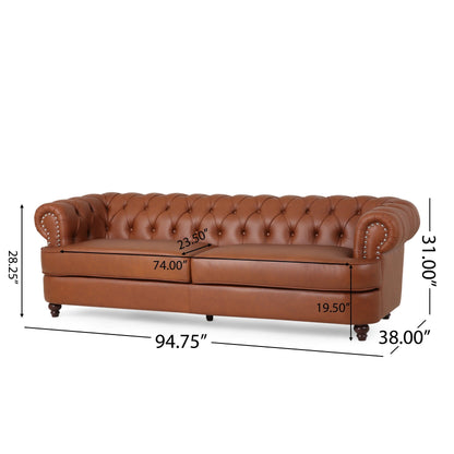 Divano Vian a 3 posti da 95 pollici, in similpelle marrone cognac trapuntata, finiture con borchie