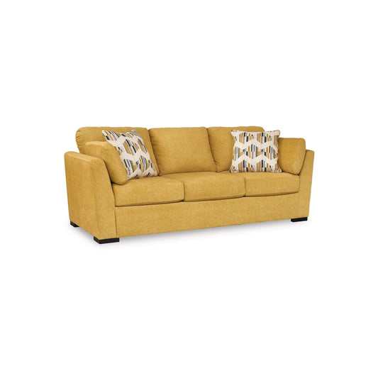 Divano letto matrimoniale Viena, 2 cuscini decorativi, velluto sintetico giallo