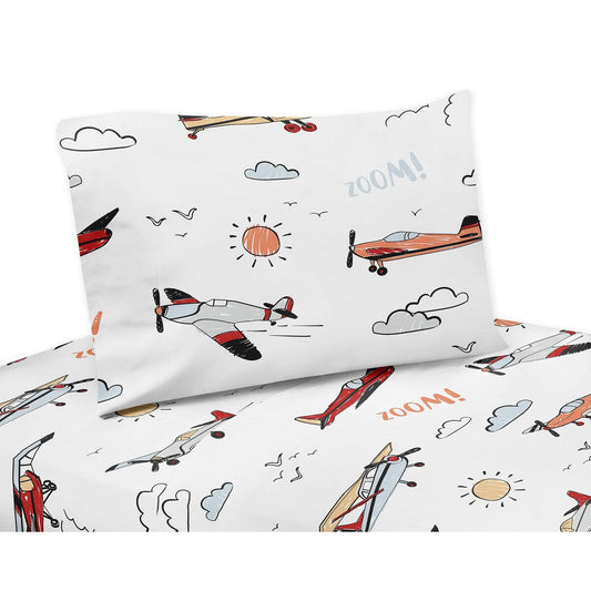 Set di lenzuola matrimoniali vintage da 3 pezzi con motivo aereo - Grigio, Giallo, Arancione, Rosso, Bianco e Blu, con aerei, trasporto, nuvole, sole e cielo