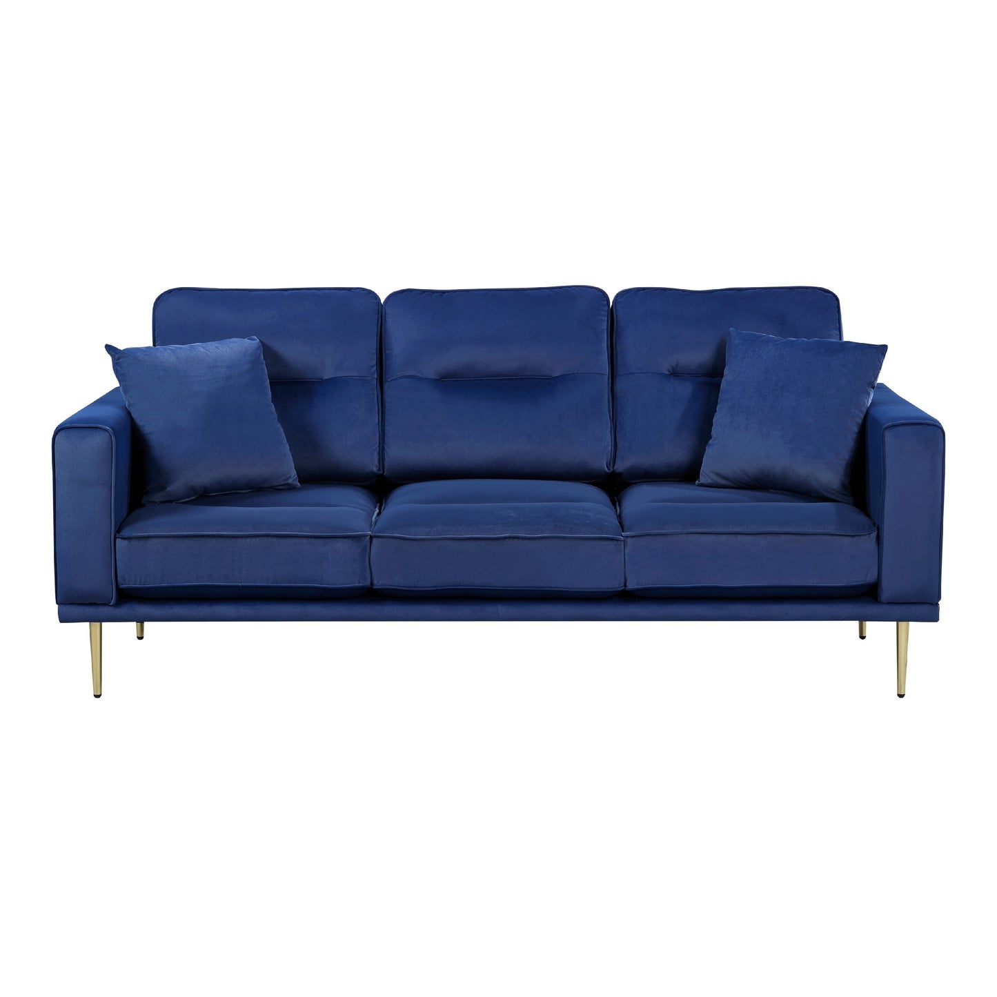 Divano Voxo con 2 cuscini decorativi, seduta imbottita in velluto blu, 82 pollici