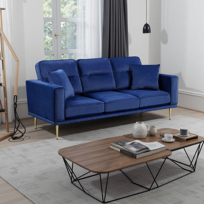 Divano Voxo con 2 cuscini decorativi, seduta imbottita in velluto blu, 82 pollici